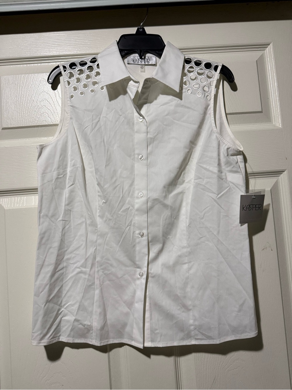 Kasper White Sleeveless Button-Front Top with Eyelet Shoulders